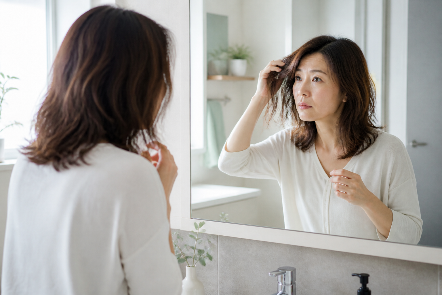 朝の洗面台で髪のまとまりを確認する女性