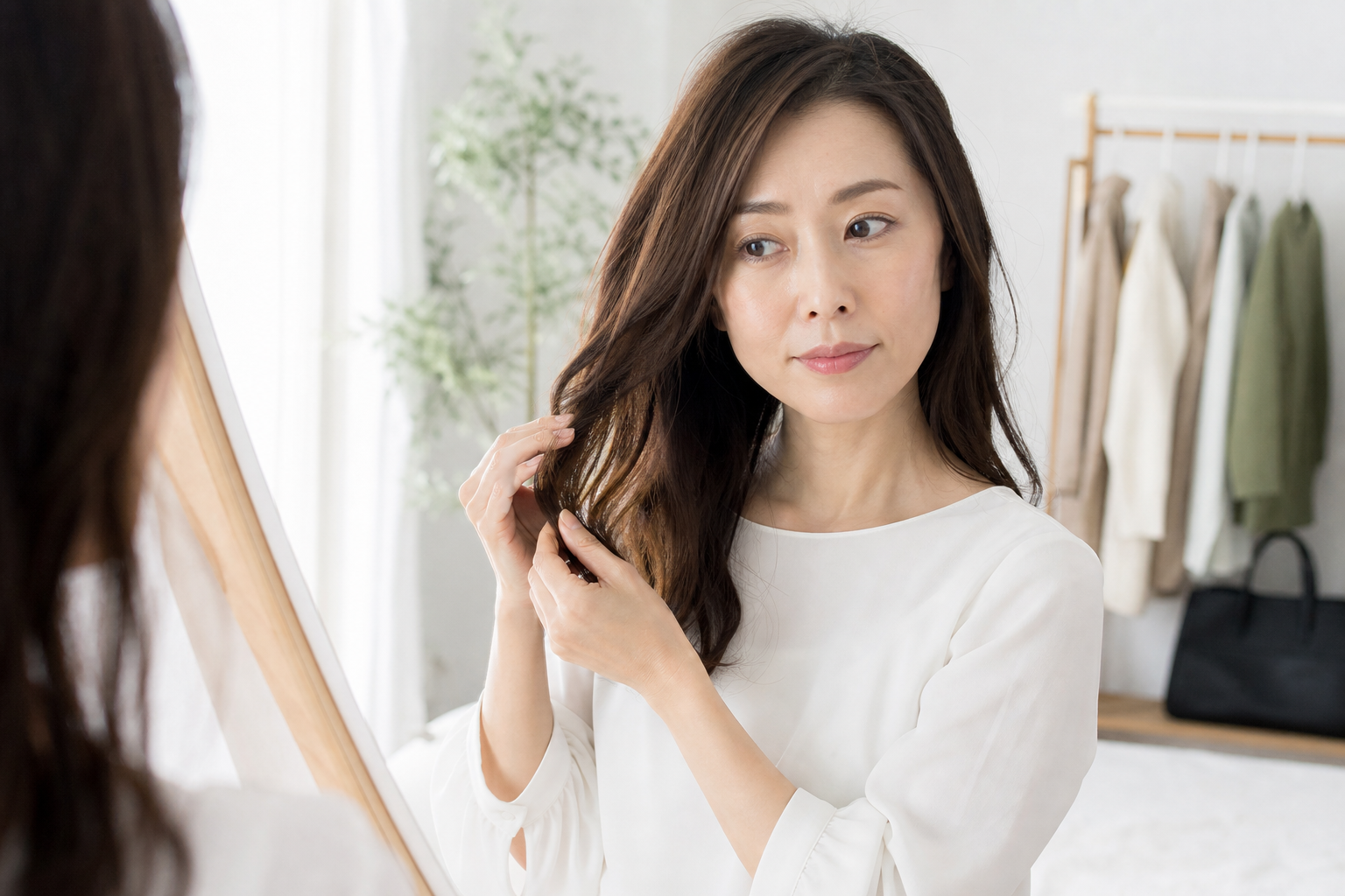 外出前に毛先のまとまりを整える女性