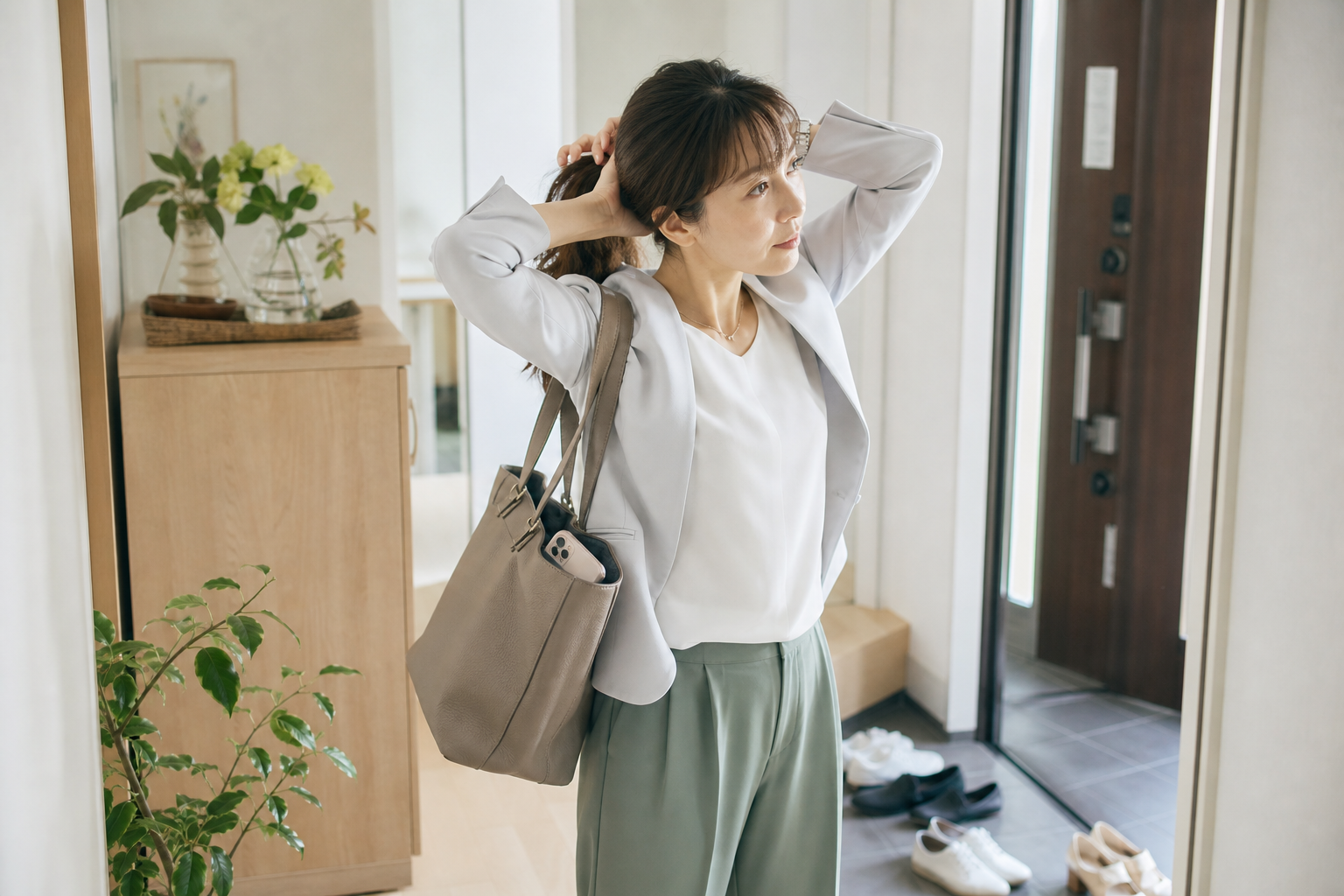 忙しい朝に髪をまとめる女性