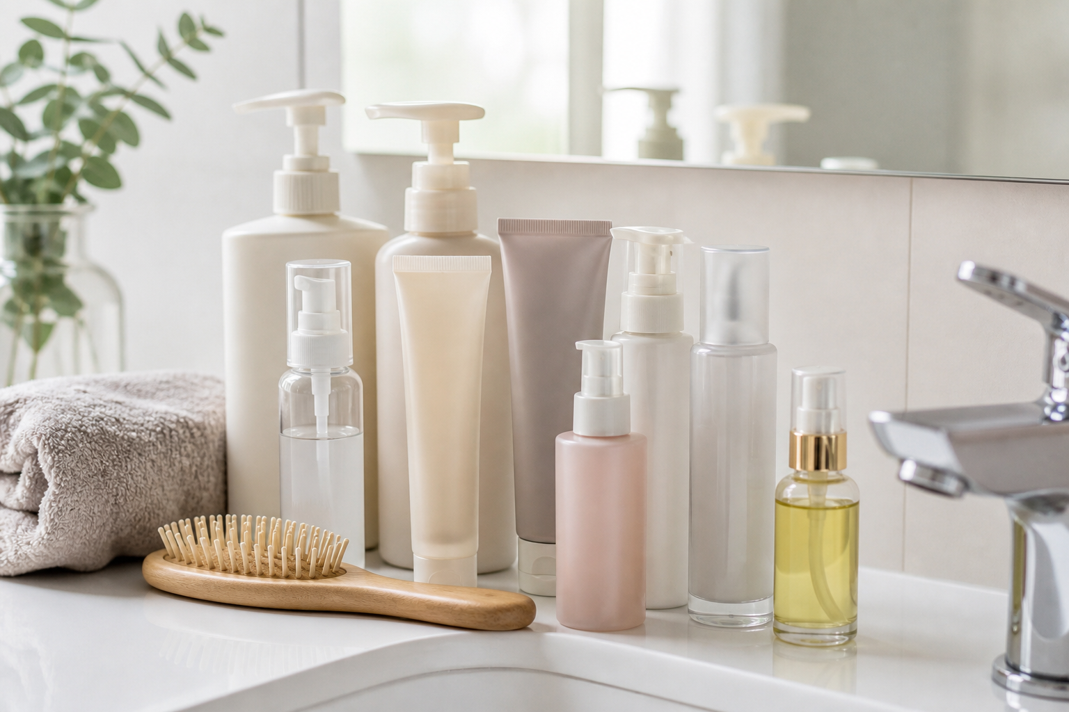 洗面台に並ぶ複数のヘアケア用品